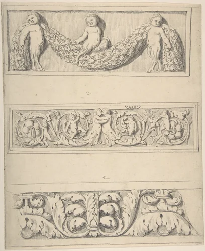 Three Frieze Designs with Young Satyrs, Leaves, Vines, and Putti by Thomas Hardwick, drawing, 1776-1779