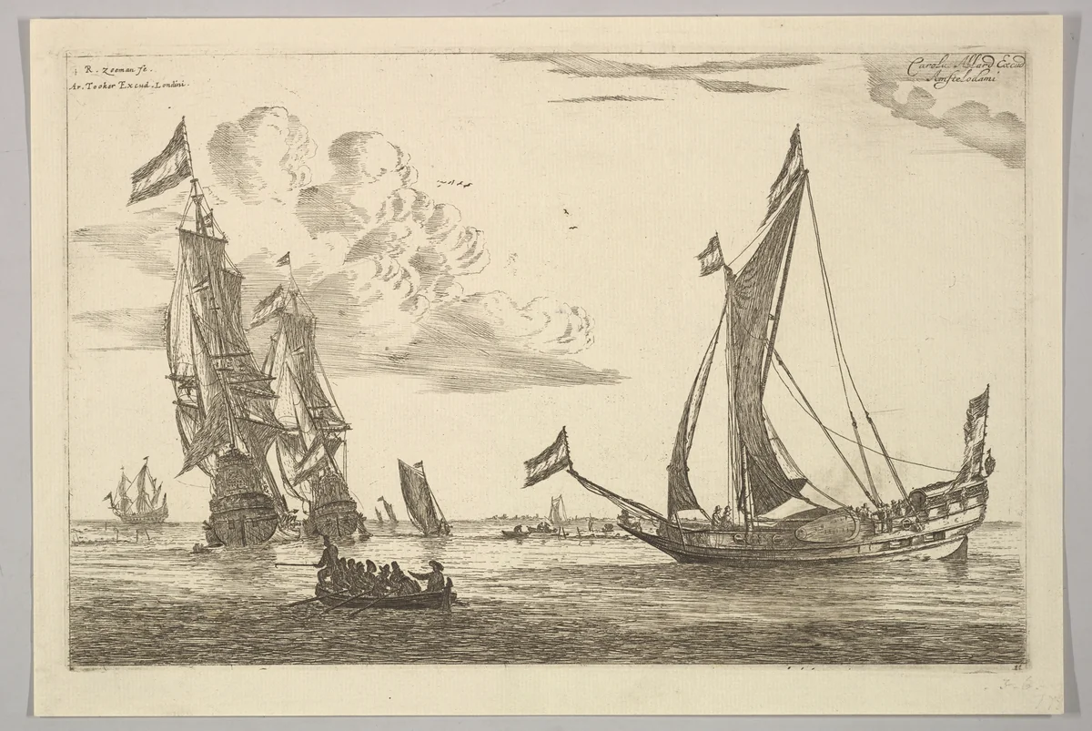 Sailing Vessels and Sloop by Reinier Nooms, print, 1635-1670