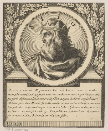Portret van Silo, koning van Asturië by Jacques Blondeau, print, 1698