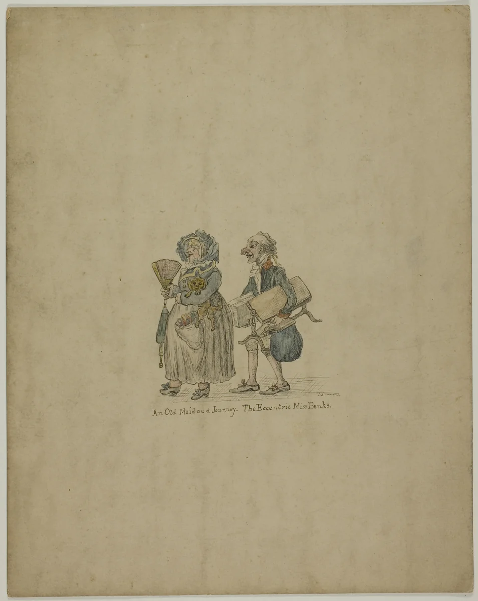 An Old Maid on a Journey - The Eccentric Miss Banks by M. Chevers, painting, 1882