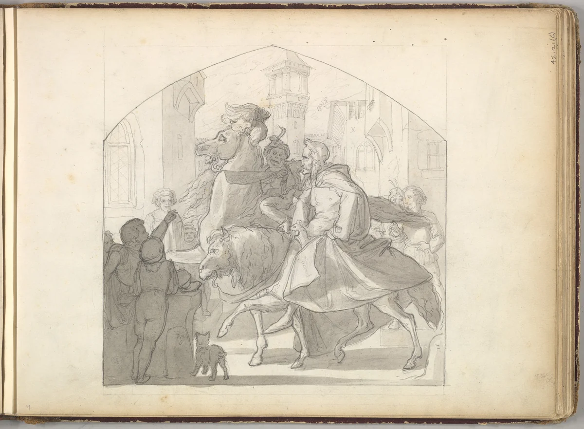 A Man and a Monkey Riding on Horseback by Frederic Leighton, drawing, 1844-1854