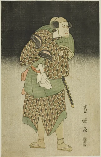 The actor Kataoka Nizaemon VII as Iyo no Taro disguised as Bantaro in the play "Seiwa Nidai Oyose Genji," performed at the Miyako Theater in the eleventh month, 1796 by Utagawa Toyokuni I (初代 歌川 豊国), print, 1796