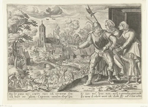 De boerenkapitein wordt het vechten belet, ca. 1600 by Unknown, print, 1572-1616