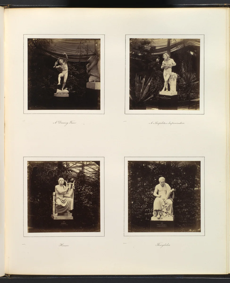 [Sculptures of a Dancing Faun, a Neapolitan Improvisatore, Homer, and Thucydides] by Philip Henry Delamotte, photograph, 1857-1861