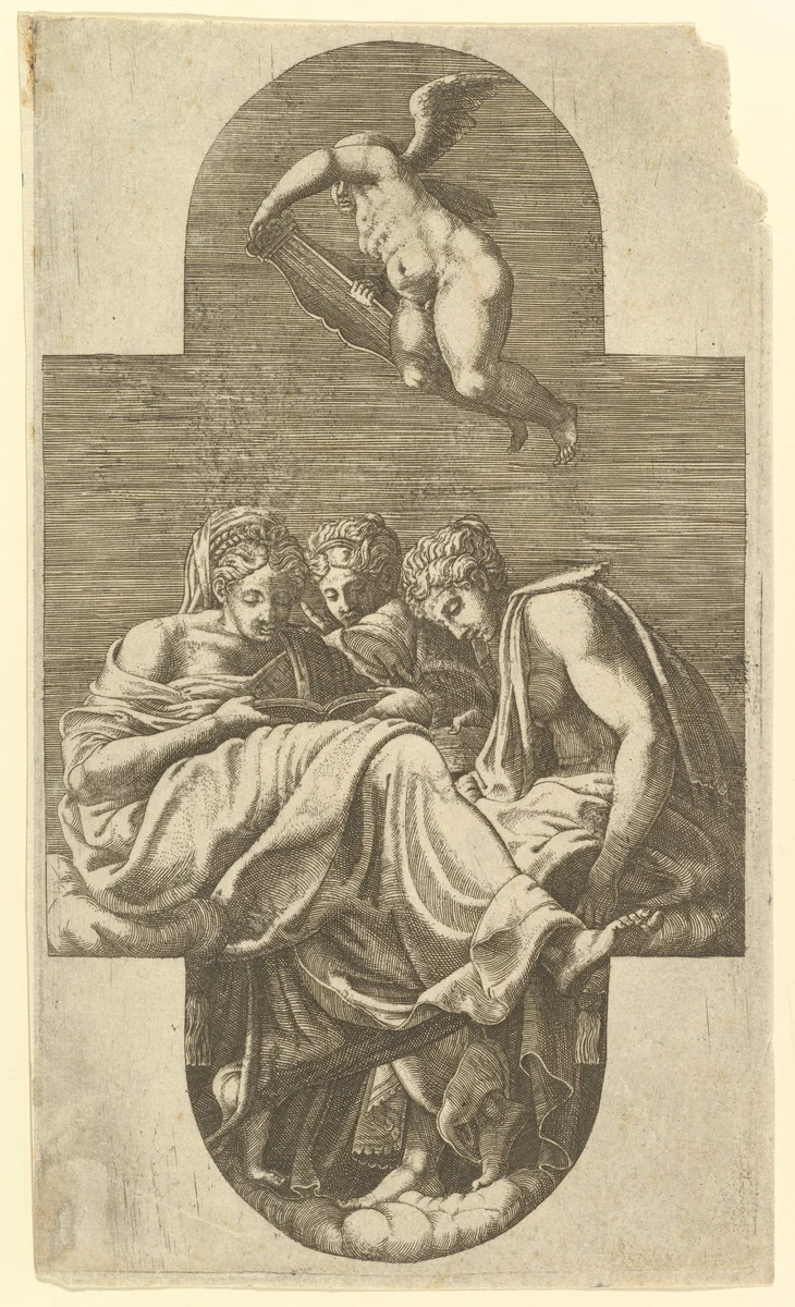 Three Muses and a Putto with a Lyre by Giorgio Ghisi, print, 1560-1569