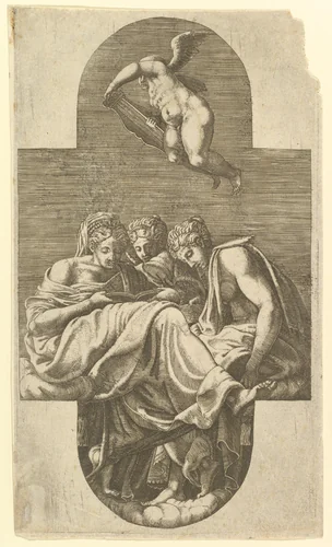 Three Muses and a Putto with a Lyre by Giorgio Ghisi, print, 1560-1569