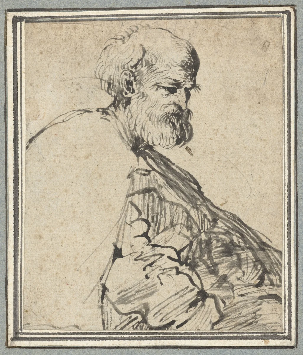 Oude man in een wijde mantel, ten halven lijve by Unknown, drawing, 1500-1599