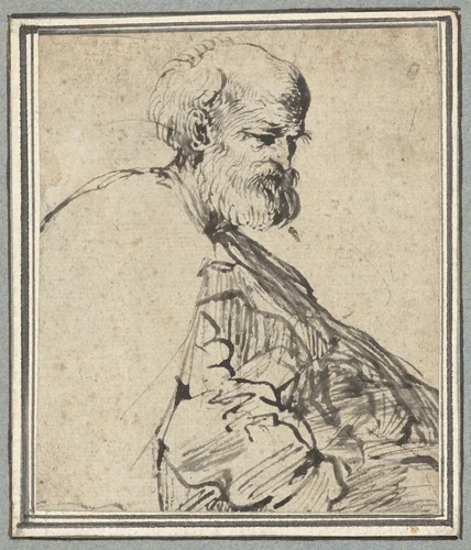 Oude man in een wijde mantel, ten halven lijve by Unknown, drawing, 1500-1599