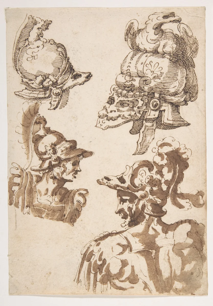Studies of Two Helmets and of Two Soldiers Wearing Helmets by Marco Marchetti, drawing, 1553-1588