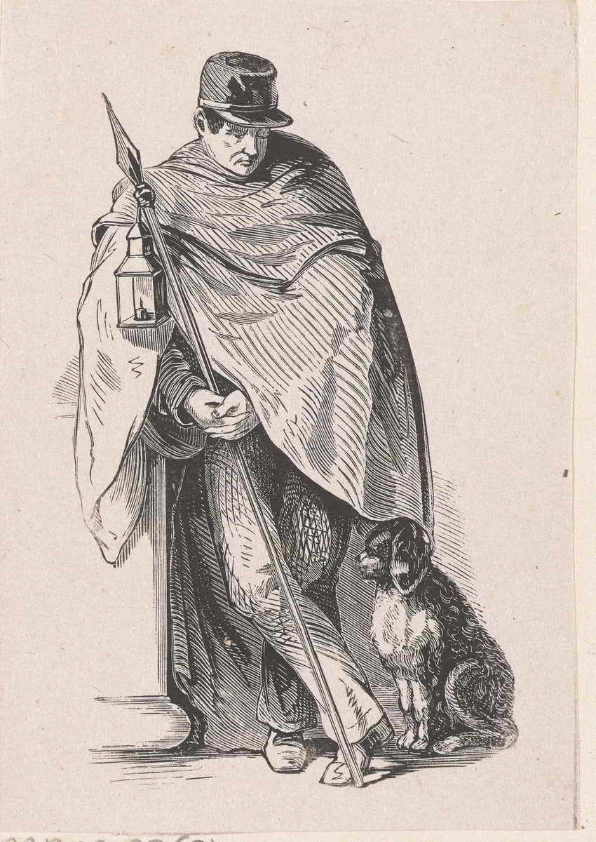Staande man met een lantaarn en een hond by Isaac Weissenbruch, print, 1836-1912