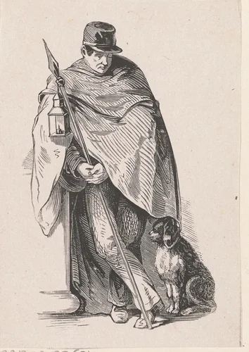Staande man met een lantaarn en een hond by Isaac Weissenbruch, print, 1836-1912