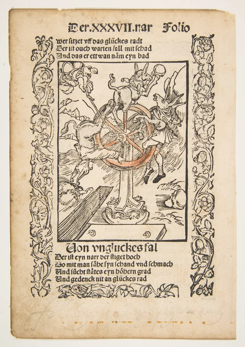 Von Ungluckes Fal, title page chapter 37 from "Sebastian Brandt, Das Narrenschrift" by Albrecht Dürer, print, 1485-1528