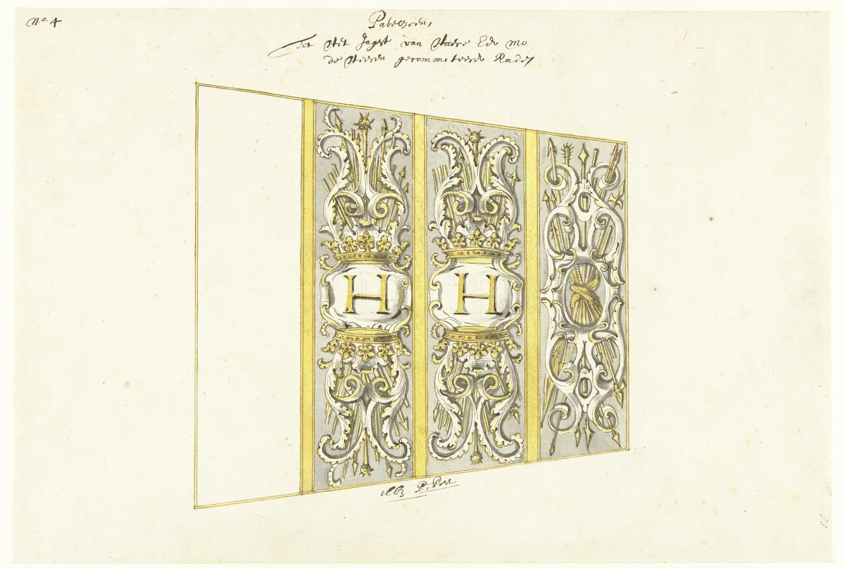 Interieurdecoratie van statenjacht met wapentrofeëen by Pieter Jansz. Post, drawing, 1663