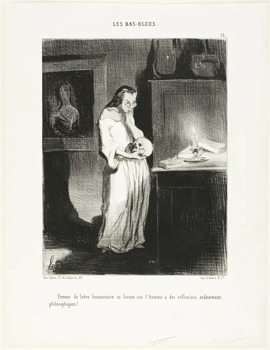 A humanist woman of letters abandoning herself to the cerebral philosophic reflections on the subject of man!, plate 15 from Les Bas-Bleus by Honoré-Victorin Daumier, print, 1844
