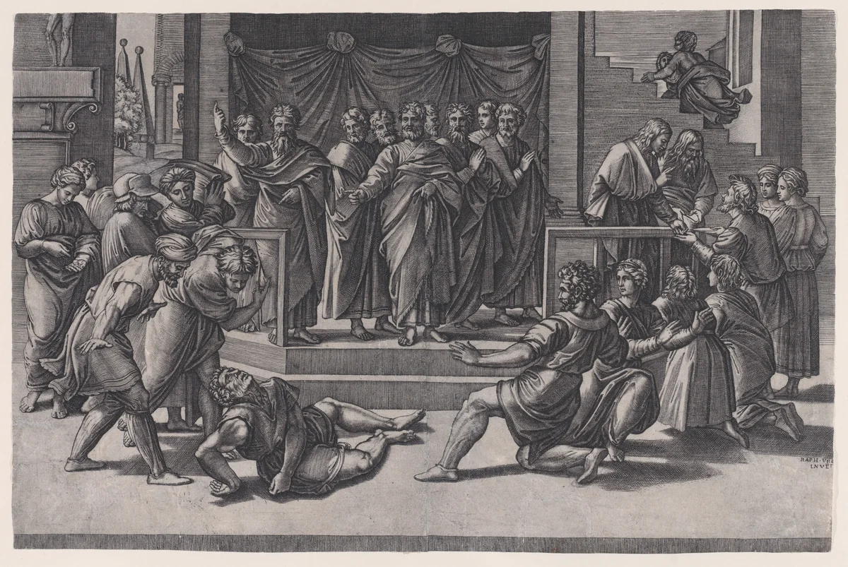 The Death of Ananias by Agostino Veneziano, print, 1514-1536