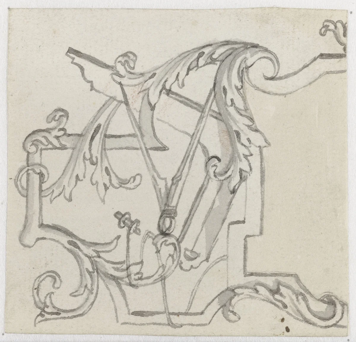 Ornament met ranken, een passer en een winkelhaak by Pieter Jansz, drawing, 1630-1672
