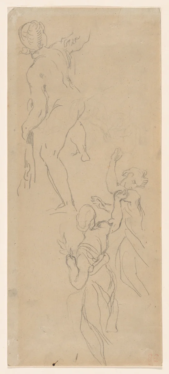 Three Figure Studies (One nude, two in drapery, seen from behind) by Eugène Delacroix, drawing, 1815-1868