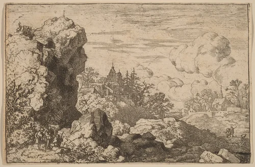 Three Travelers at the Foot of a High Rock by Allart van Everdingen, print, 1645-1656