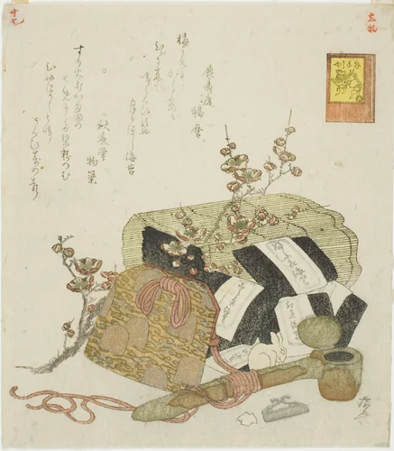Seaweed, portable writing case, and plum branch, no. 5 from the series "The Rabbit's Boastful Exploits (Usagi tegarabanashi)" by Ryuryukyo Shinsai, print, 1819