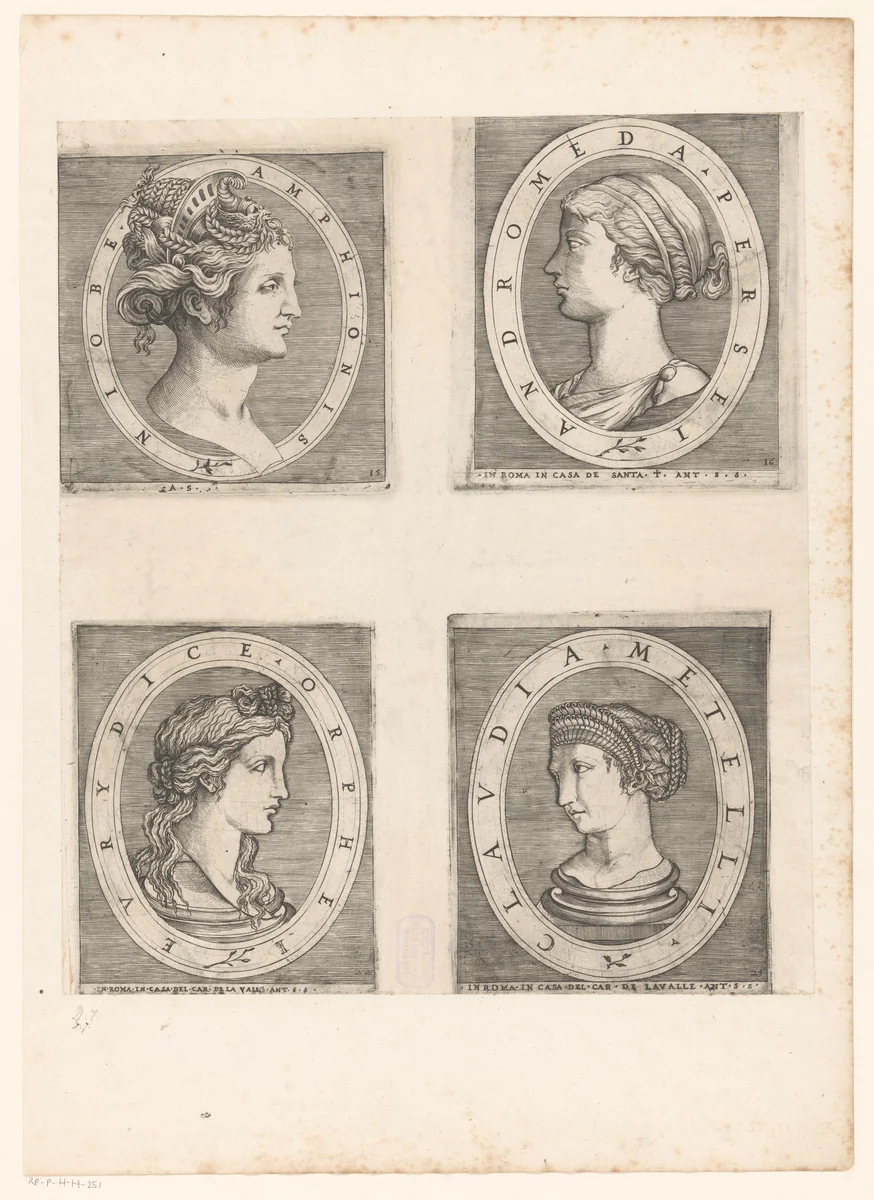 Vier vrouwenkoppen by anonymous, print, 1510-1562