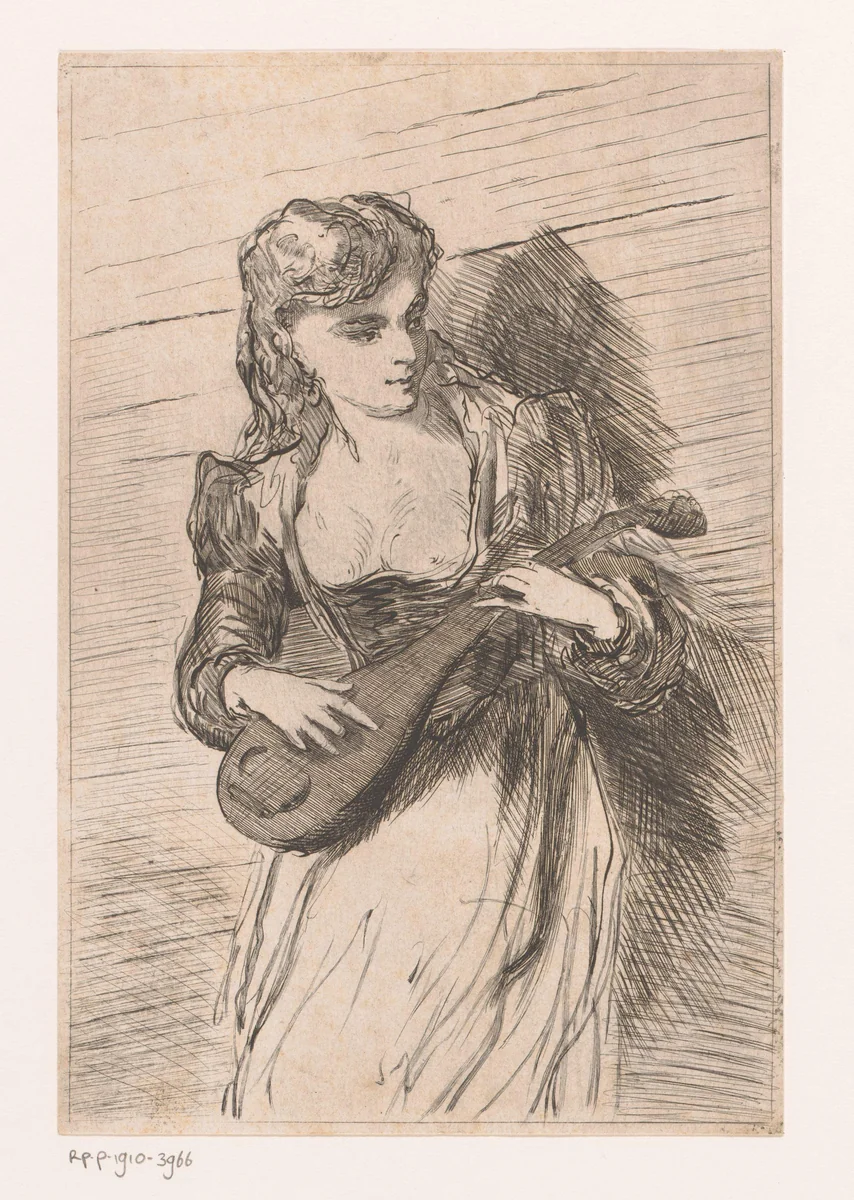 Gilline met luit by Louis Jaugey, print, 1869