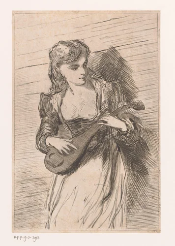 Gilline met luit by Louis Jaugey, print, 1869