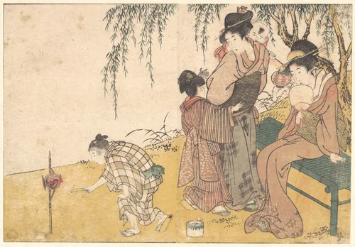 A Child Lighting Fireworks, from the illustrated book Flowers of the Four Seasons by Kitagawa Utamaro (喜多川歌麿), print, 1801