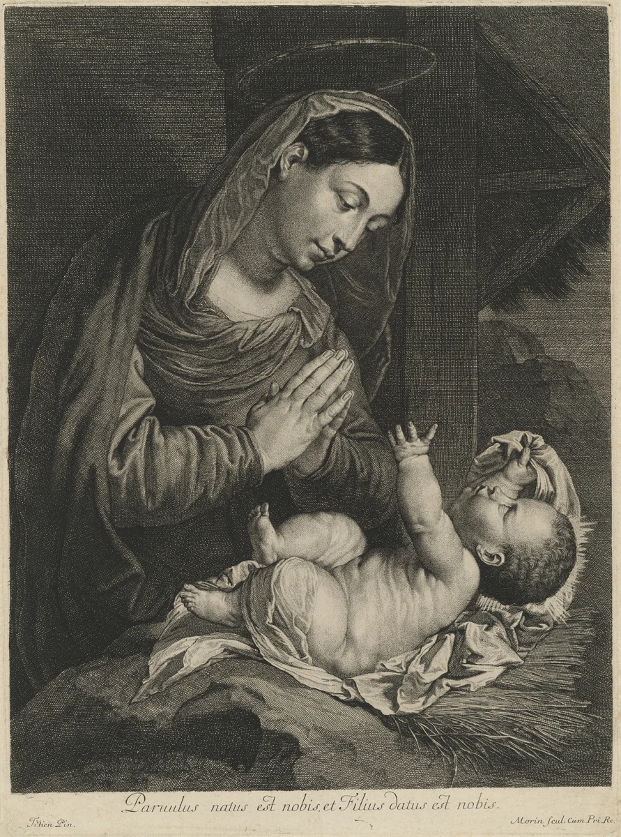 Virgin Adoring the Child by Jean Morin; Titian, print, 1625-1650
