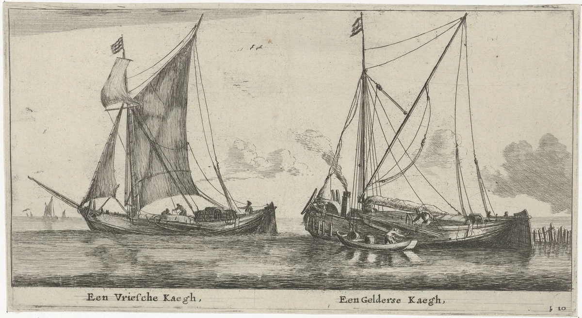 Twee schepen: een Friese kaag en een Gelderse kaag by Reinier Nooms, print, 1652-1654