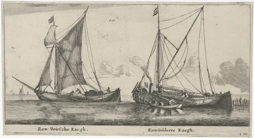 Twee schepen: een Friese kaag en een Gelderse kaag by Reinier Nooms, print, 1652-1654