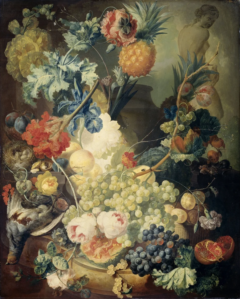 Still Life with Flowers, Fruit and Birds by Jan van Os, painting, 1774
