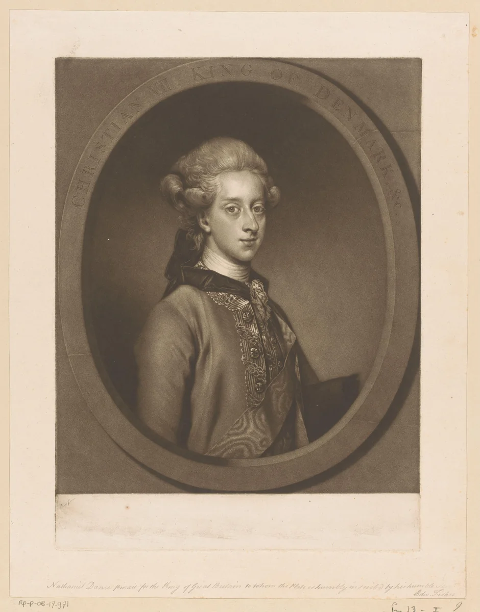 Portret van Christiaan VII van Denemarken by Edward Fisher, print, 1769