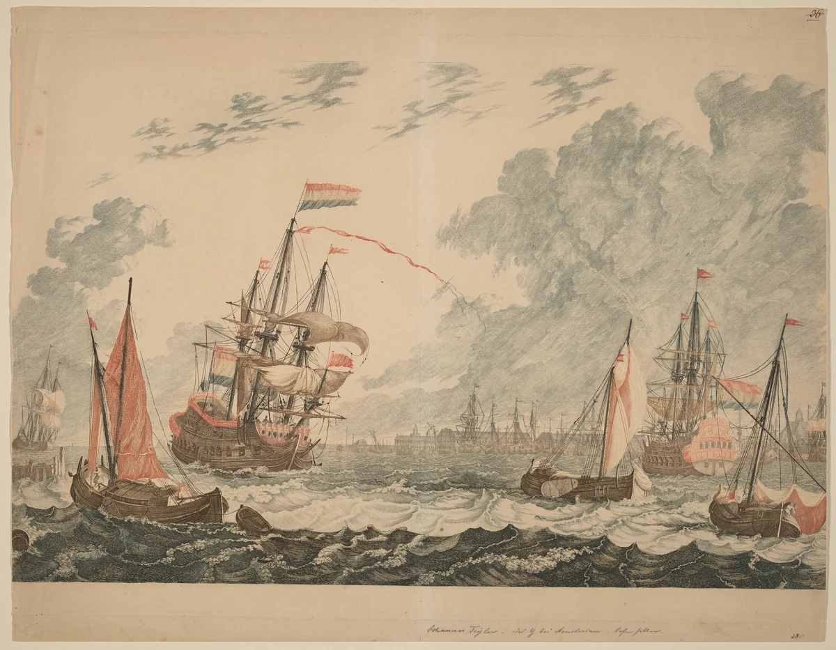 Amsterdam, Ships at the IJ on Choppy Water by Johann Teyler; Johannes van den Aveele; Jan van Call I, print, 1685-1697