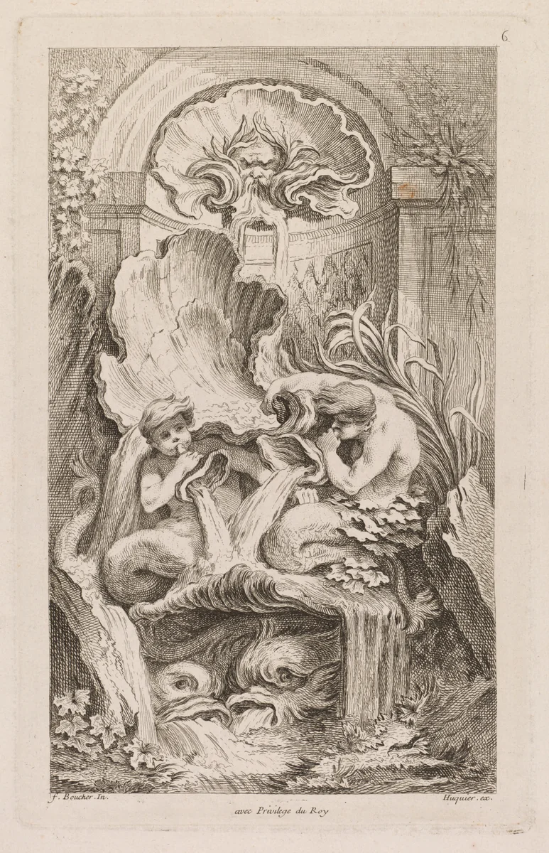 No. 6: Fountain with Two Tritons Blowing Conch Shells by Gabriel Huquier, print, 1731-1741