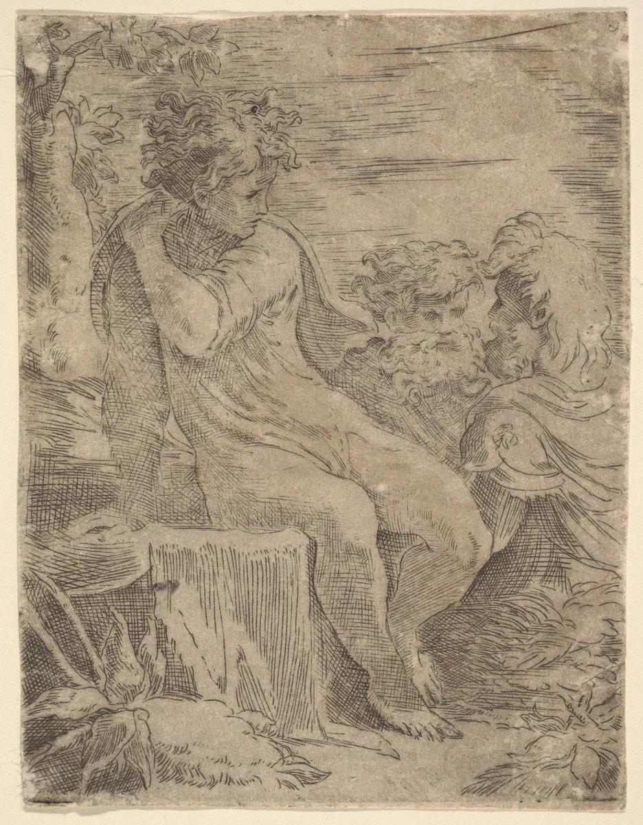 Youth with two old Men by anonymous, print, 1500-1599