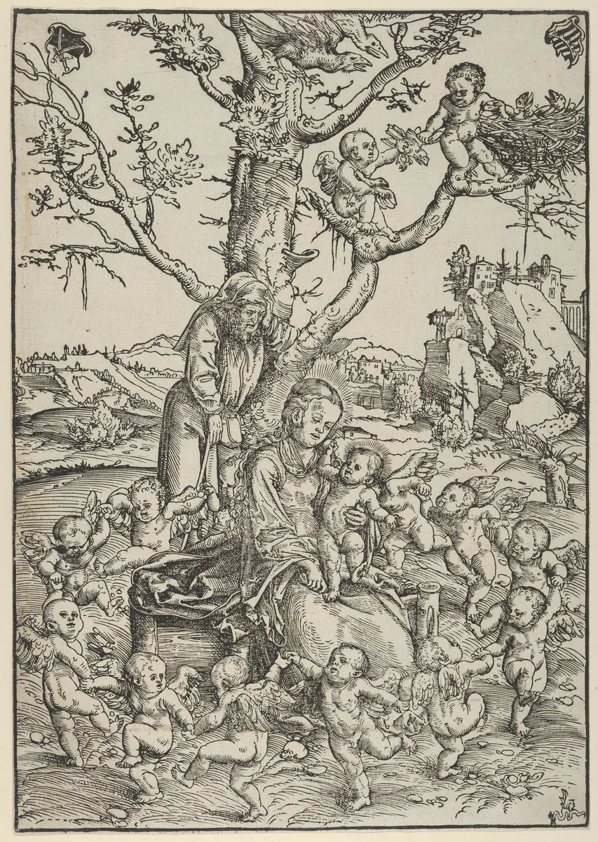 The Rest on the Flight to Egypt, with Dancing Angels by Lucas Cranach, print, 1472-1553