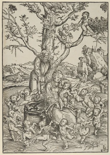 The Rest on the Flight to Egypt, with Dancing Angels by Lucas Cranach, print, 1472-1553