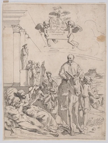 An allegory with Innocent X who is seated on horsback on the right, figures represting Rome in the lowe left by François Collignon, print, 1645-1655