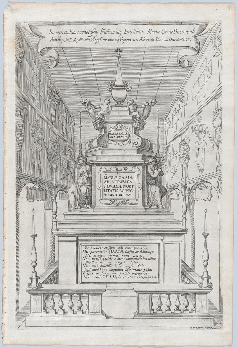 Catafalque for Duchess Maria Cesi of Altemps (Hohenems); from 'Libro De Catafalchi, Tabernacoli, con varij designi di Porte fenestre et altri ornamenti di Architettura' by Marcus Antonius Magnus, book, 1609