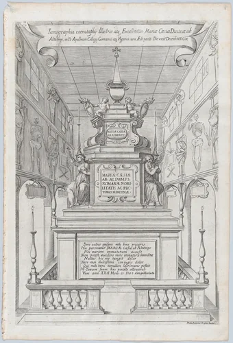 Catafalque for Duchess Maria Cesi of Altemps (Hohenems); from 'Libro De Catafalchi, Tabernacoli, con varij designi di Porte fenestre et altri ornamenti di Architettura' by Marcus Antonius Magnus, book, 1609