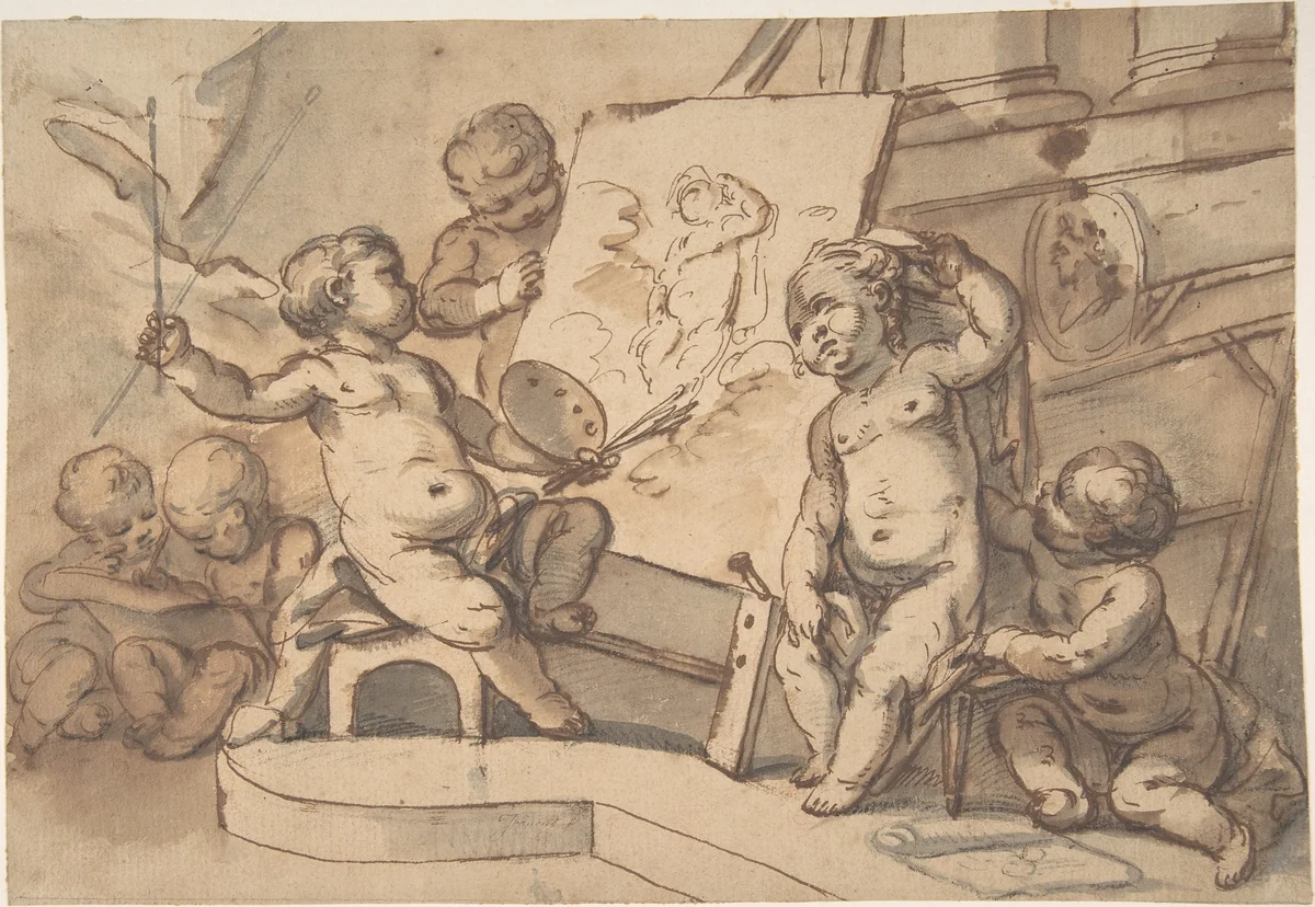 Allegory of Painting with Putti by anonymous, drawing, 1700-1799