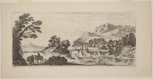 Landscape with Bridge by Stefano della Bella, print, 1641
