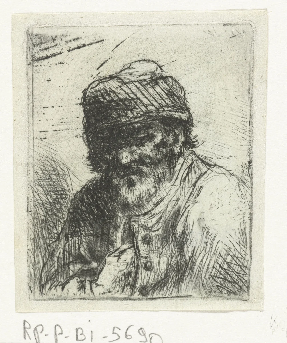 Bebaarde oude man met muts by Jan Chalon, print, 1748-1795