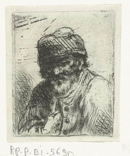 Bebaarde oude man met muts by Jan Chalon, print, 1748-1795