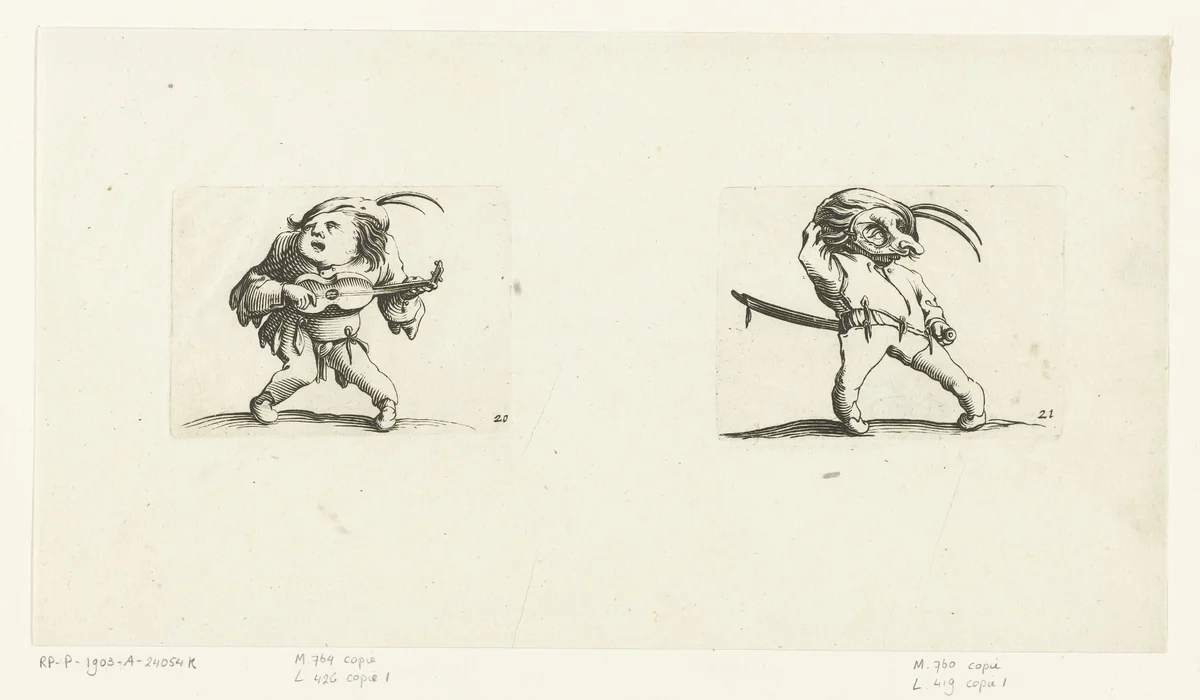 Kleine mens (karikatuur) met gitaar; kleine mens (karikatuur) met zwaard en masker by Abraham Bosse, print, 1621-1676