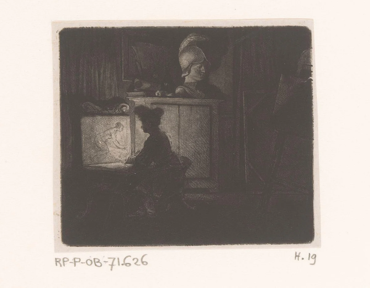 Tekenaar in donker interieur by Jean Pierre Norblin de la Gourdaine, print, 1755-1830