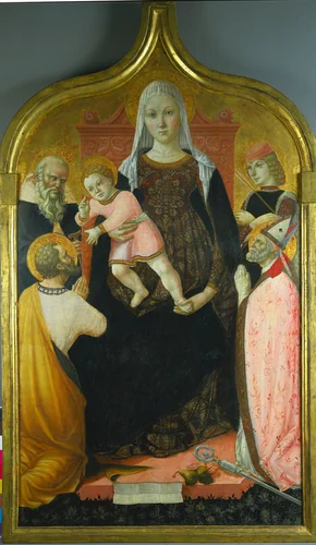 Virgin and Child, with Saints Anthony Abbott, Mark, Severino, and Sebastian by Lorenzo da Sanseverino, painting, 1490-1496