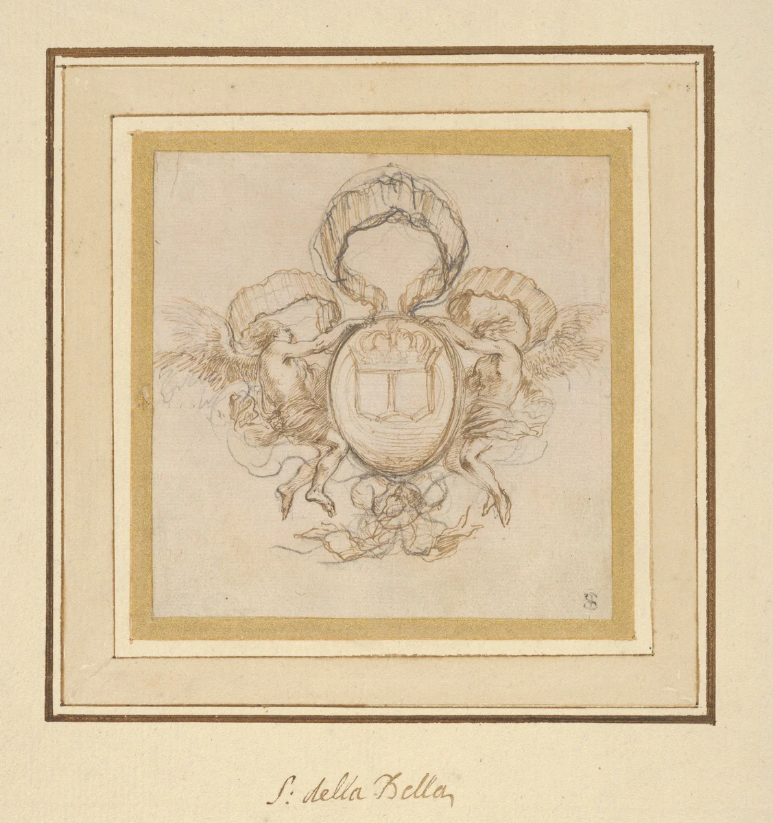Cartouche for Le Pont Neuf by Stefano della Bella, drawing, 1610-1664