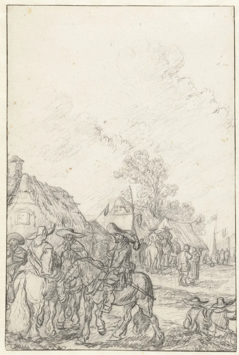 Bereden soldaten in hun kwartier by Pieter de Molijn, drawing, 1650-1660
