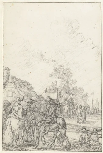 Bereden soldaten in hun kwartier by Pieter de Molijn, drawing, 1650-1660
